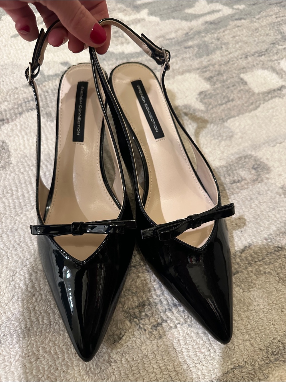 French Connection Black Patent Pointed Slingback Mules with Bow Size 9 NWOT